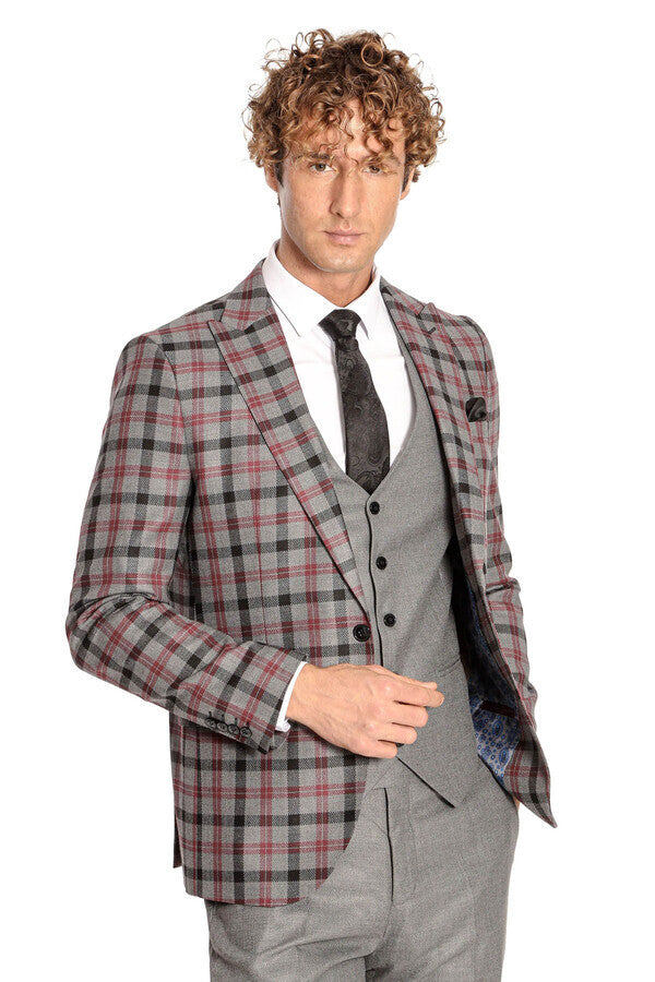 Checked Slim Fit Grey Men Suit - Wessi