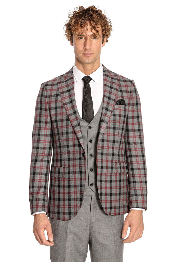 Checked Slim Fit Grey Men Suit - Wessi