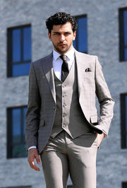 Checked Slim Fit Grey Men Suit - Wessi