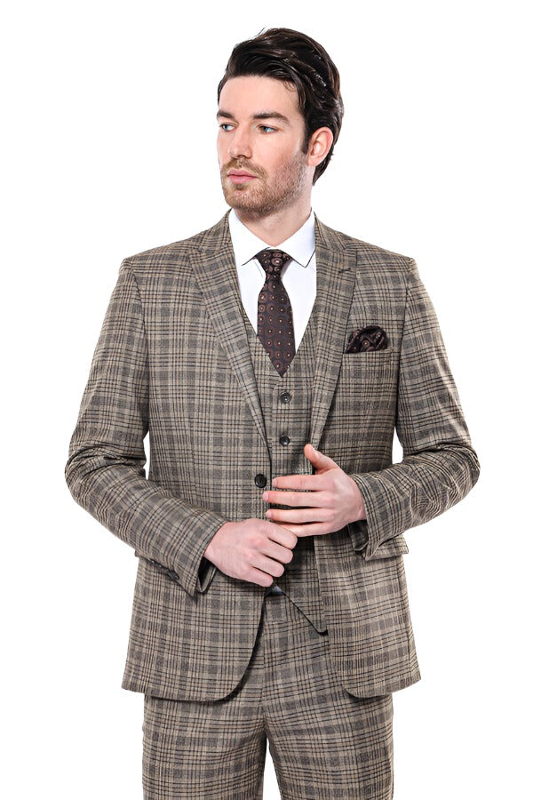 Checked Slim-Fit Light Brown Men Blazer - Wessi