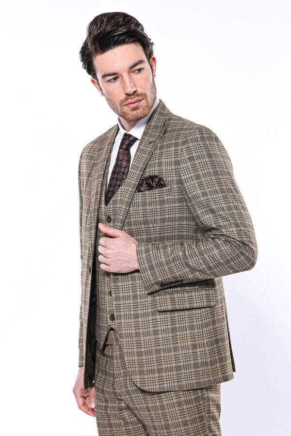 Checked Slim-Fit Light Brown Men Blazer - Wessi