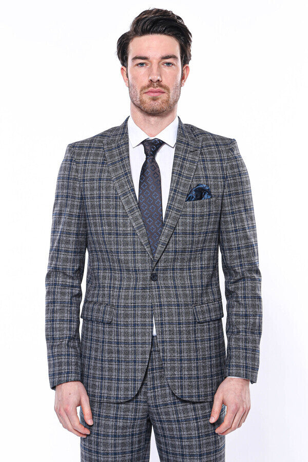 Checked Slim-Fit Navy Blue Men Blazer - Wessi