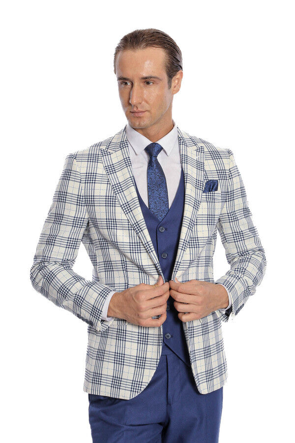 Checked Slim Fit Navy Blue Men Suit - Wessi