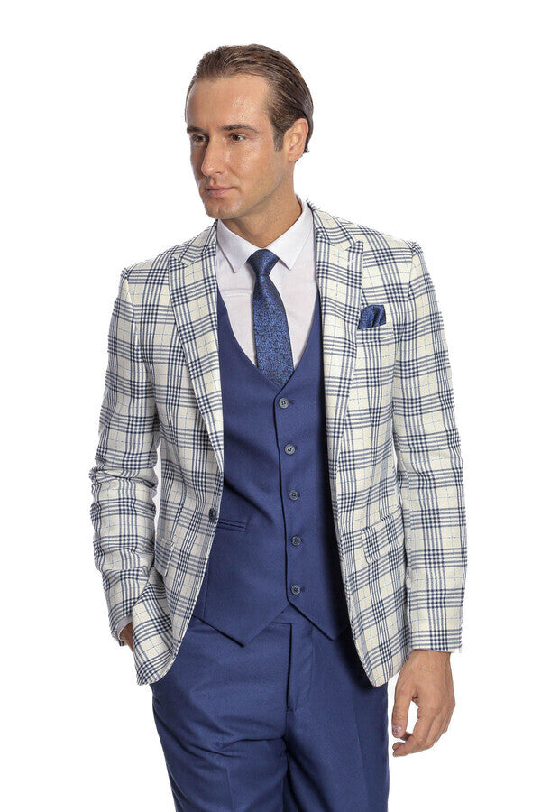 Checked Slim Fit Navy Blue Men Suit - Wessi