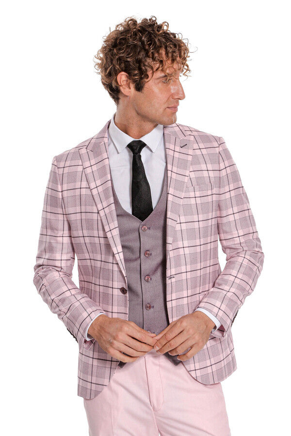 Checked Slim Fit Pink Men Suit - Wessi