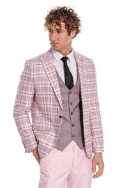 Checked Slim Fit Pink Men Suit - Wessi