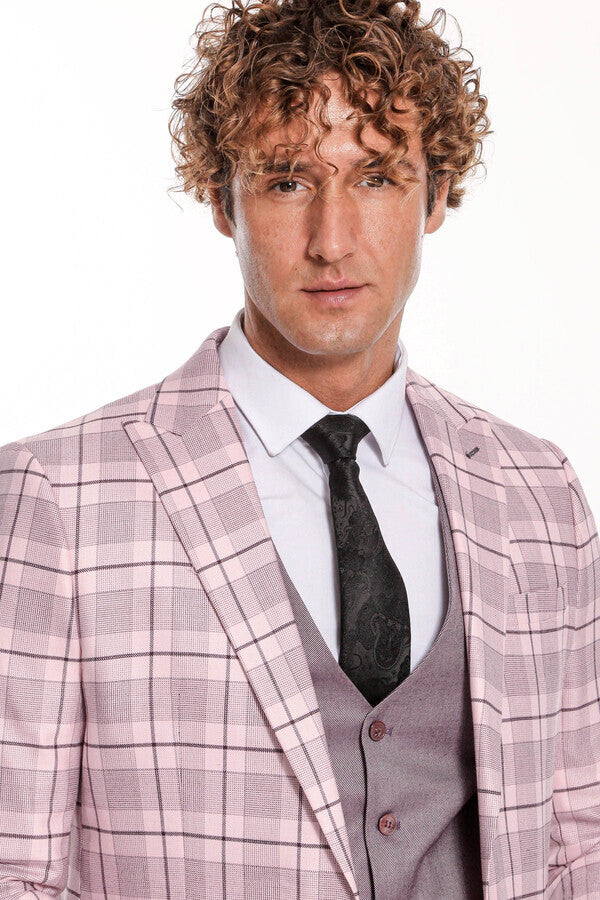 Checked Slim Fit Pink Men Suit - Wessi