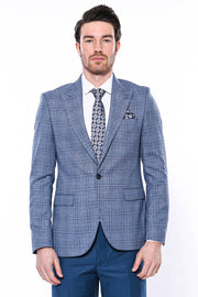 Checked Slim-Fit Single Button Blue Men Blazer - Wessi