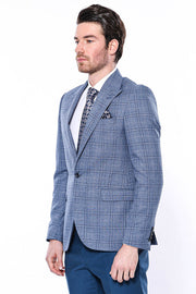 Checked Slim-Fit Single Button Blue Men Blazer - Wessi