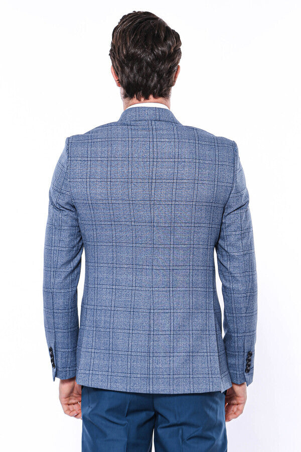 Checked Slim-Fit Single Button Blue Men Blazer - Wessi