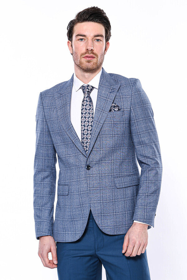 Checked Slim-Fit Single Button Blue Men Blazer - Wessi