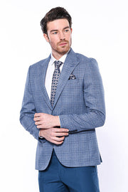 Checked Slim-Fit Single Button Blue Men Blazer - Wessi