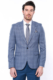 Checked Slim-Fit Single Button Blue Men Blazer - Wessi