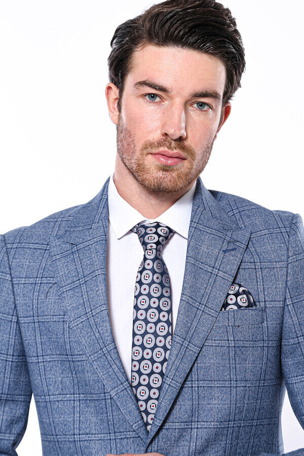 Checked Slim-Fit Single Button Blue Men Blazer - Wessi