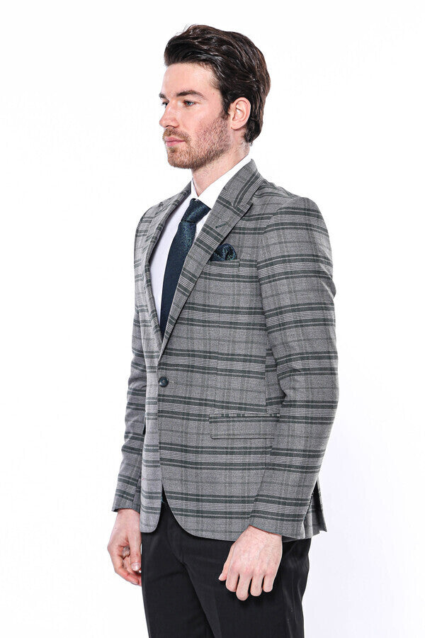 Checked Slim Fit Single Button Green Men Blazer - Wessi