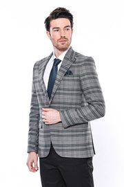 Checked Slim Fit Single Button Green Men Blazer - Wessi