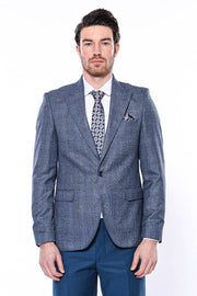 Checked Slim-Fit Single Button Navy Blue Men Blazer - Wessi