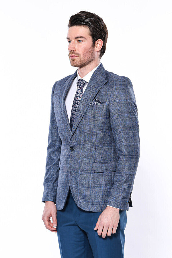 Checked Slim-Fit Single Button Navy Blue Men Blazer - Wessi