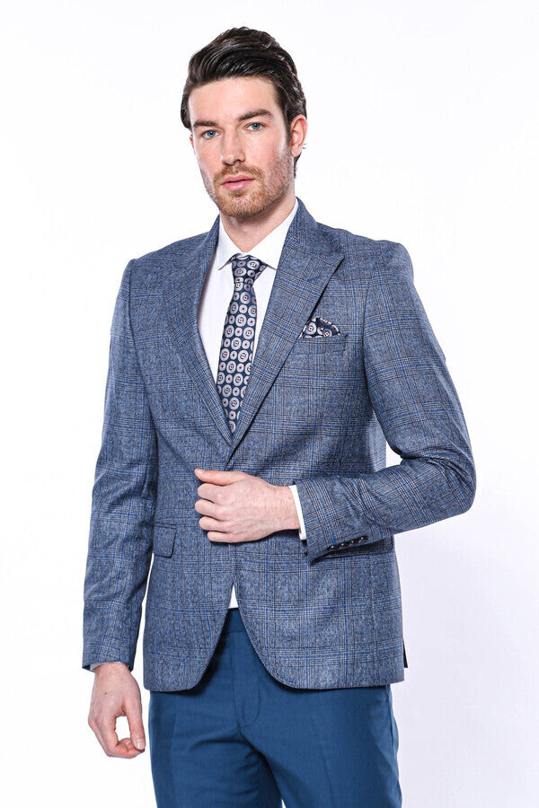 Checked Slim-Fit Single Button Navy Blue Men Blazer - Wessi