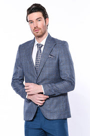 Checked Slim-Fit Single Button Navy Blue Men Blazer - Wessi