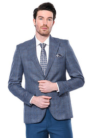 Checked Slim-Fit Single Button Navy Blue Men Blazer - Wessi