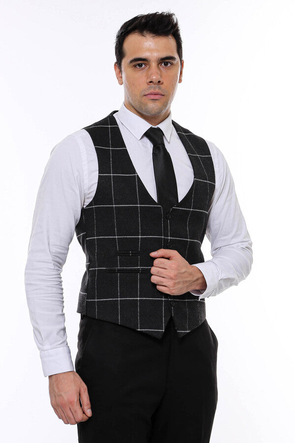 Checked V Neck Anthracite Men Vest - Wessi