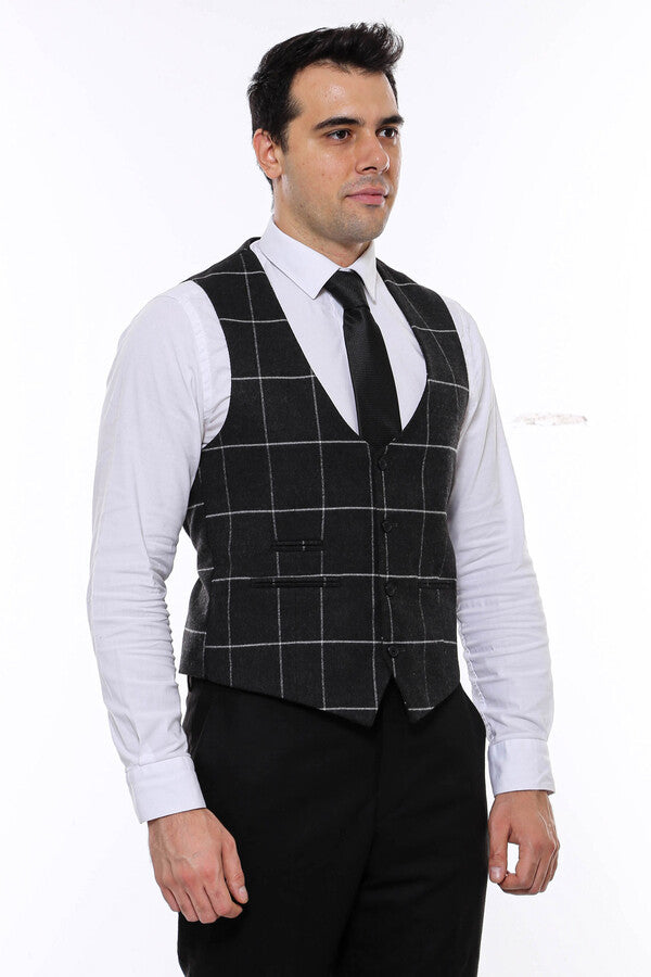 Checked V Neck Anthracite Men Vest - Wessi