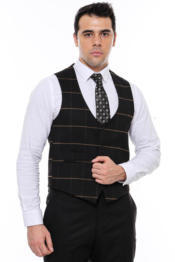 Checked V Neck Black Vest - Wessi