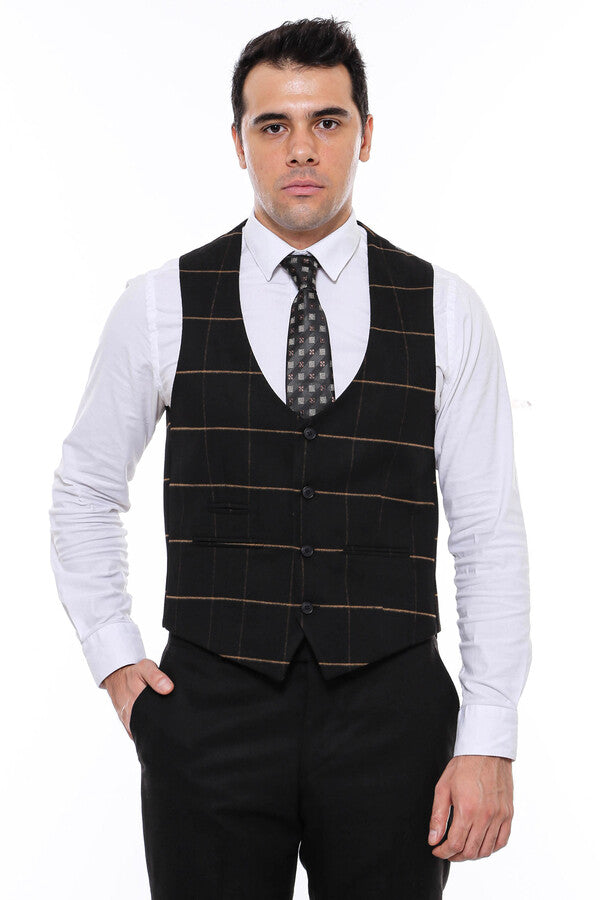 Checked V Neck Black Vest - Wessi