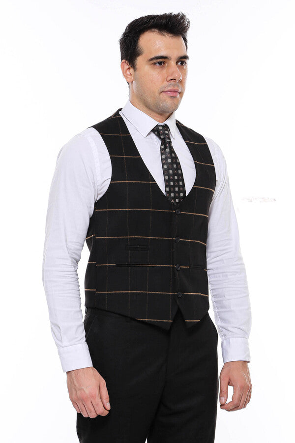 Checked V Neck Black Vest - Wessi