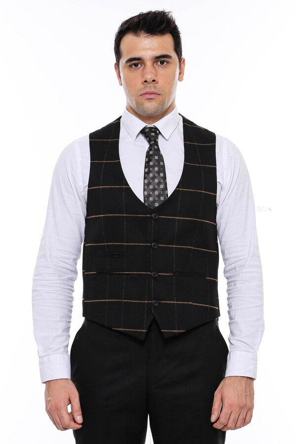 Checked V Neck Black Vest - Wessi