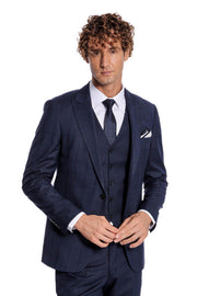 Checked Vested Slim Fit Navy Blue Men Suit - Wessi