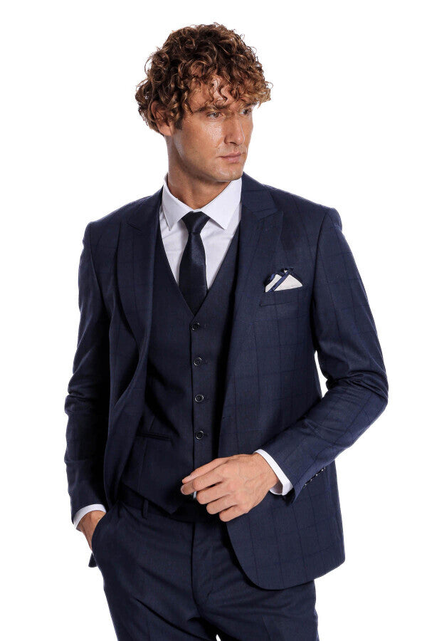 Checked Vested Slim Fit Navy Blue Men Suit - Wessi