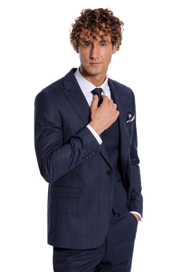 Checked Vested Slim Fit Navy Blue Men Suit - Wessi