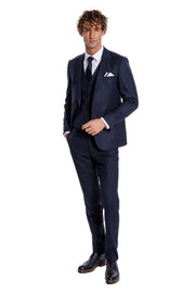 Checked Vested Slim Fit Navy Blue Men Suit - Wessi