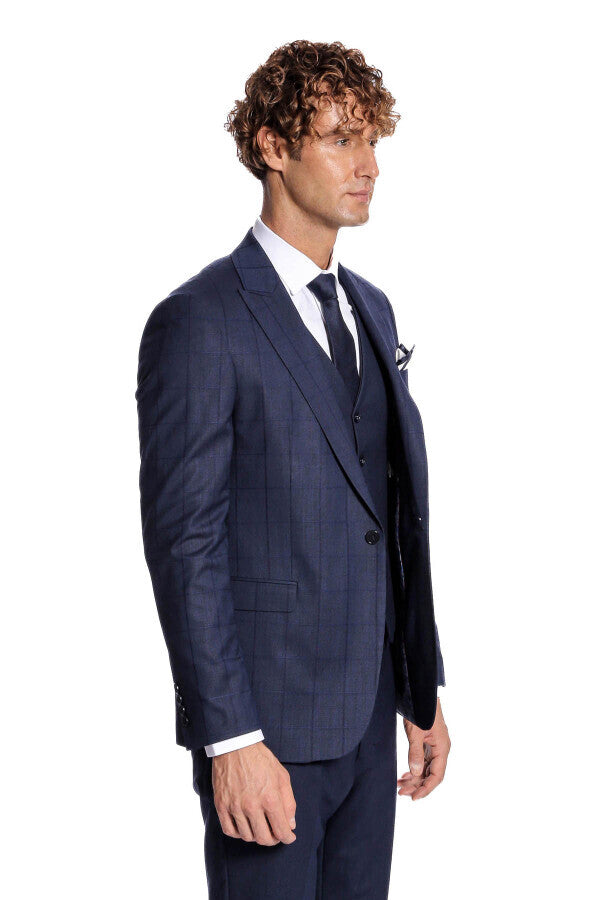 Checked Vested Slim Fit Navy Blue Men Suit - Wessi