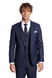 Checked Vested Slim Fit Navy Blue Men Suit - Wessi