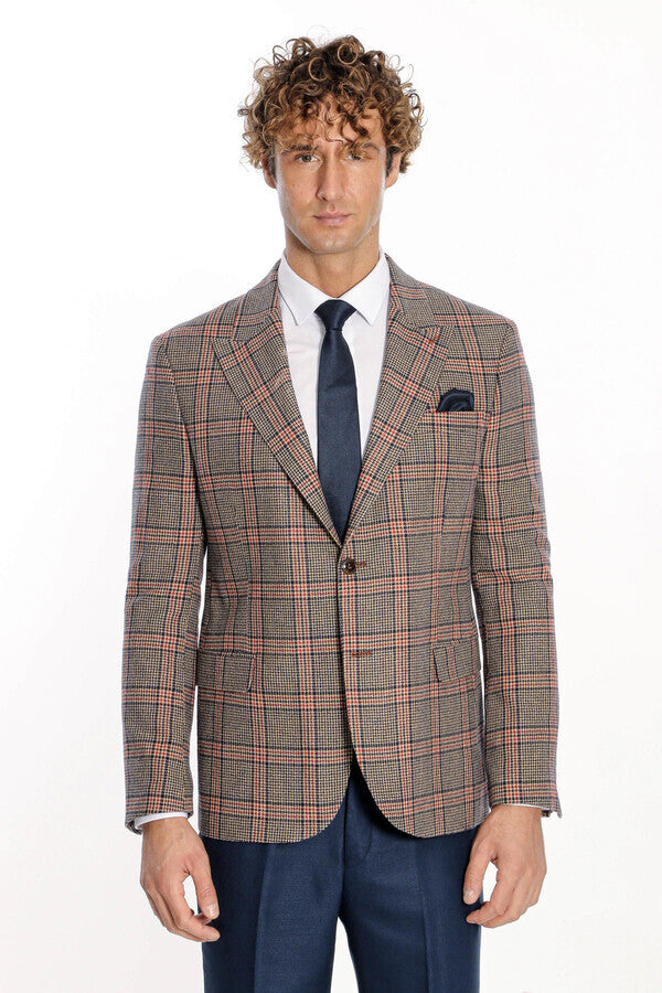 Checked Wool Navy Blue Men Blazer - Wessi