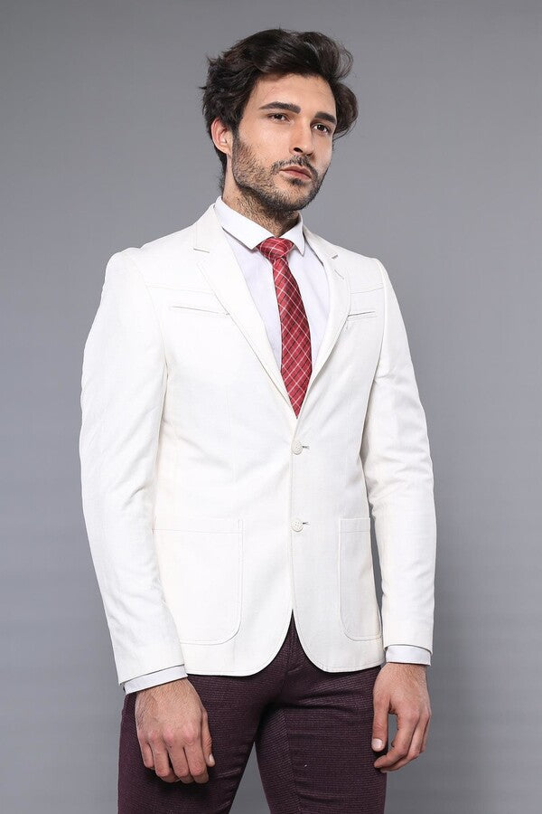 Chest Zippered Detail Cream Linen Jacket | Wessi