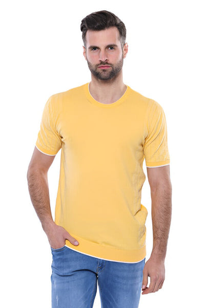 Circle Neck Patterned Yellow Knitted T-Shirt - Wessi