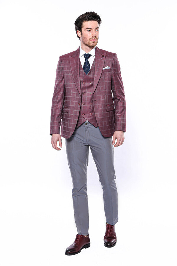 Combined Vested Burgundy Plaid Men's Suit - Wessi