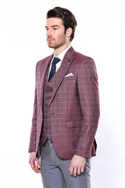 Combined Vested Burgundy Plaid Men's Suit - Wessi