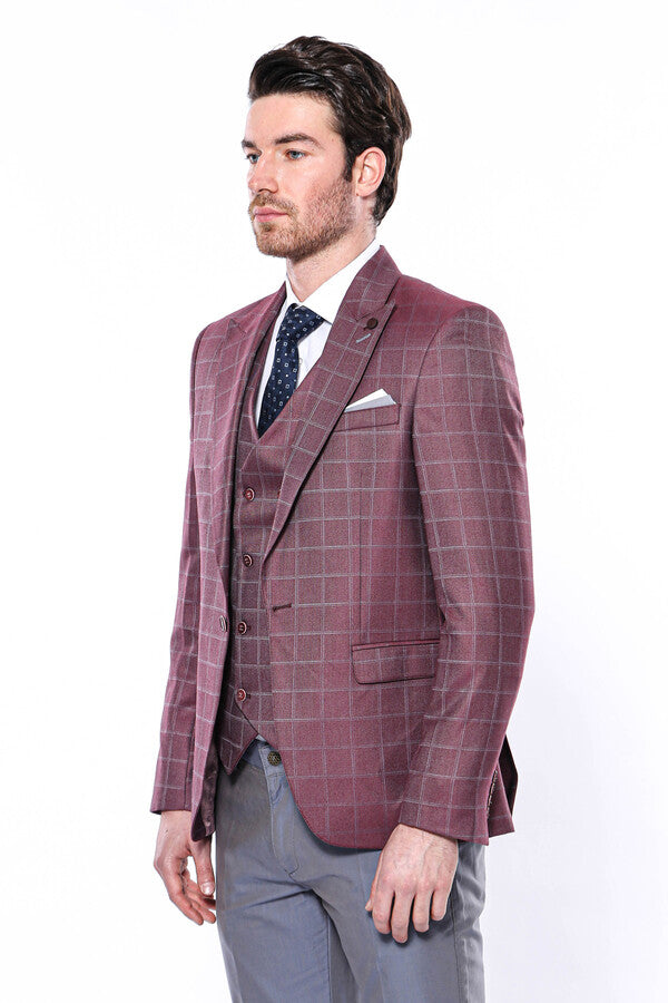 Combined Vested Burgundy Plaid Men's Suit - Wessi