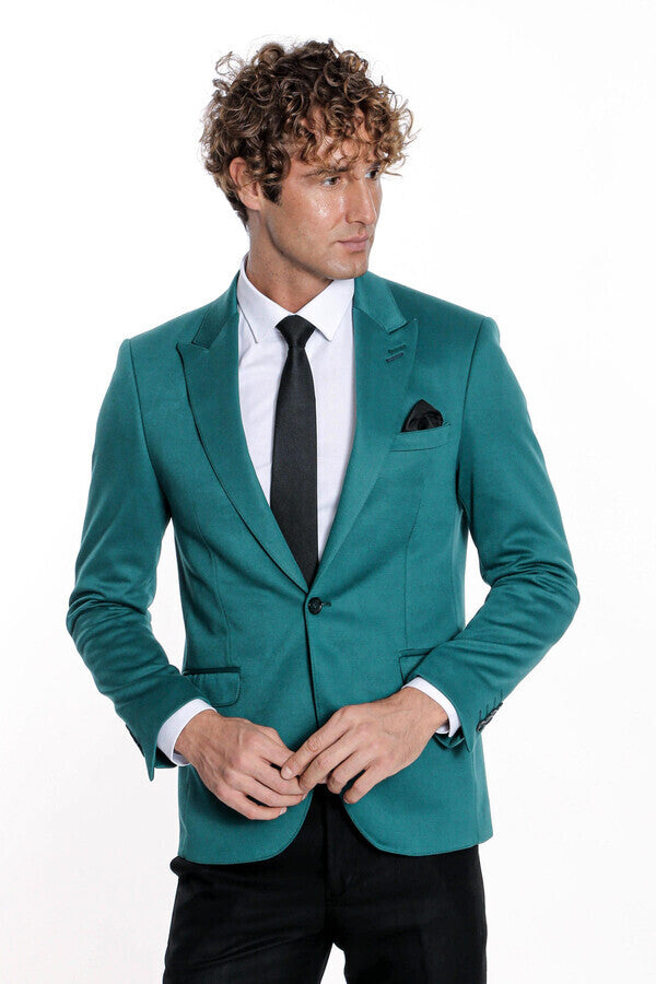 Cotton Slim Fit Plain Green Men Blazer - Wessi