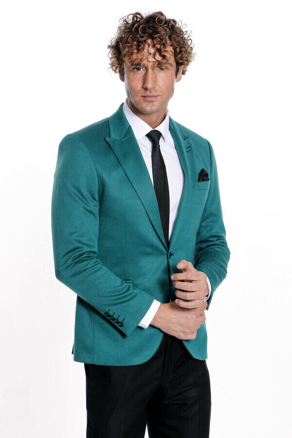 Cotton Slim Fit Plain Green Men Blazer - Wessi