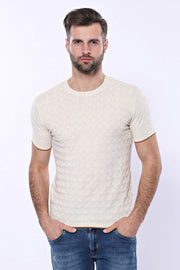 Cream Patterned Tricot Knitted T-Shirt - Wessi