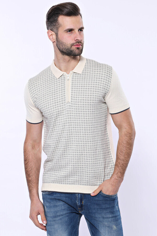 Cream Plaid Zippered Polo Knitted T-Shirt | Wessi