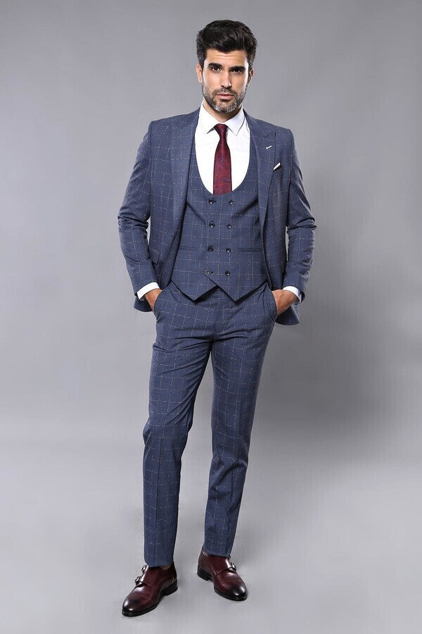 Dark Blue Vested Checked Men Suit | Wessi