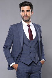 Dark Blue Vested Checked Men Suit | Wessi