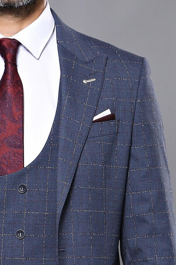 Dark Blue Vested Checked Men Suit | Wessi